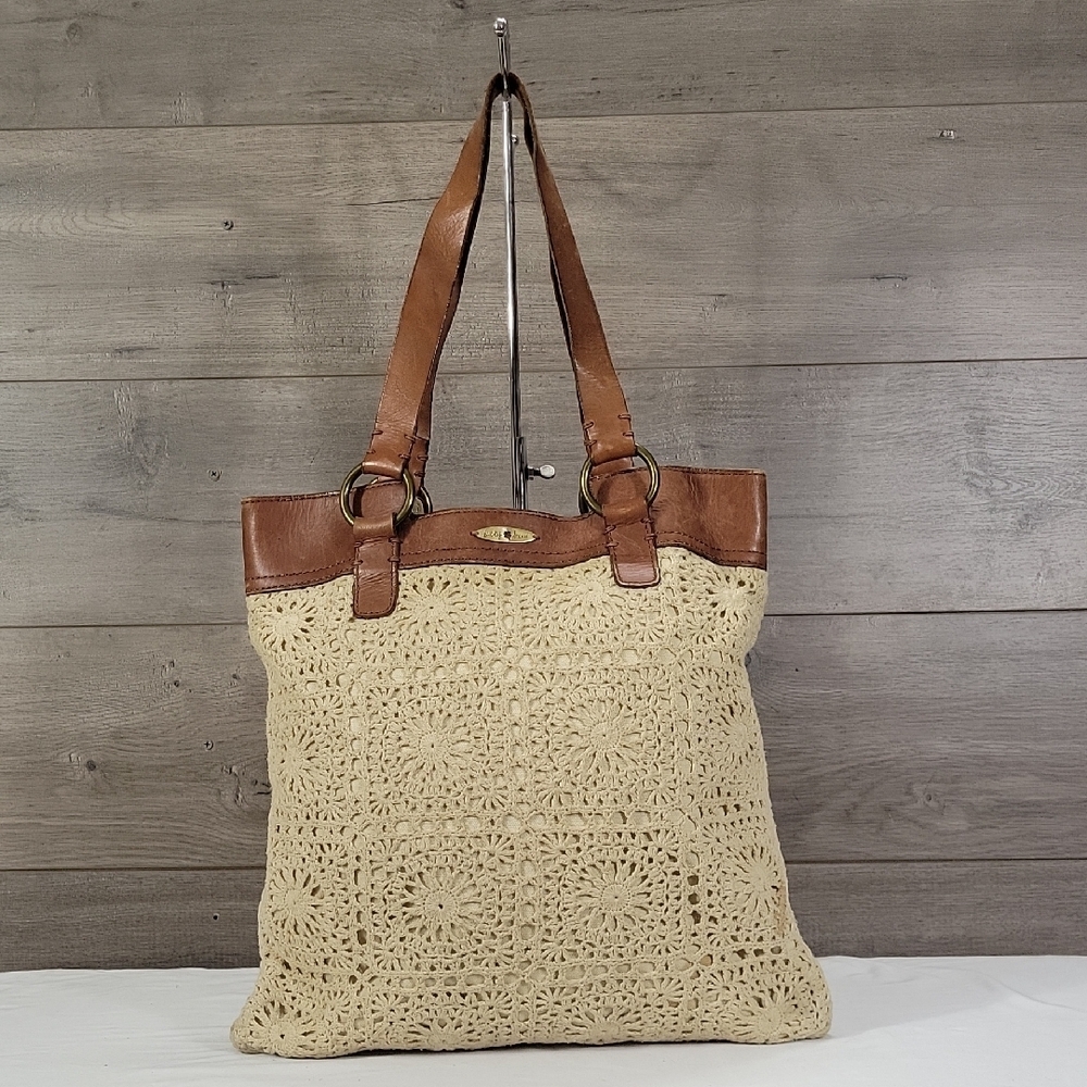 Lucky Brand Crochet Tote Bag with Brown Leather Trim